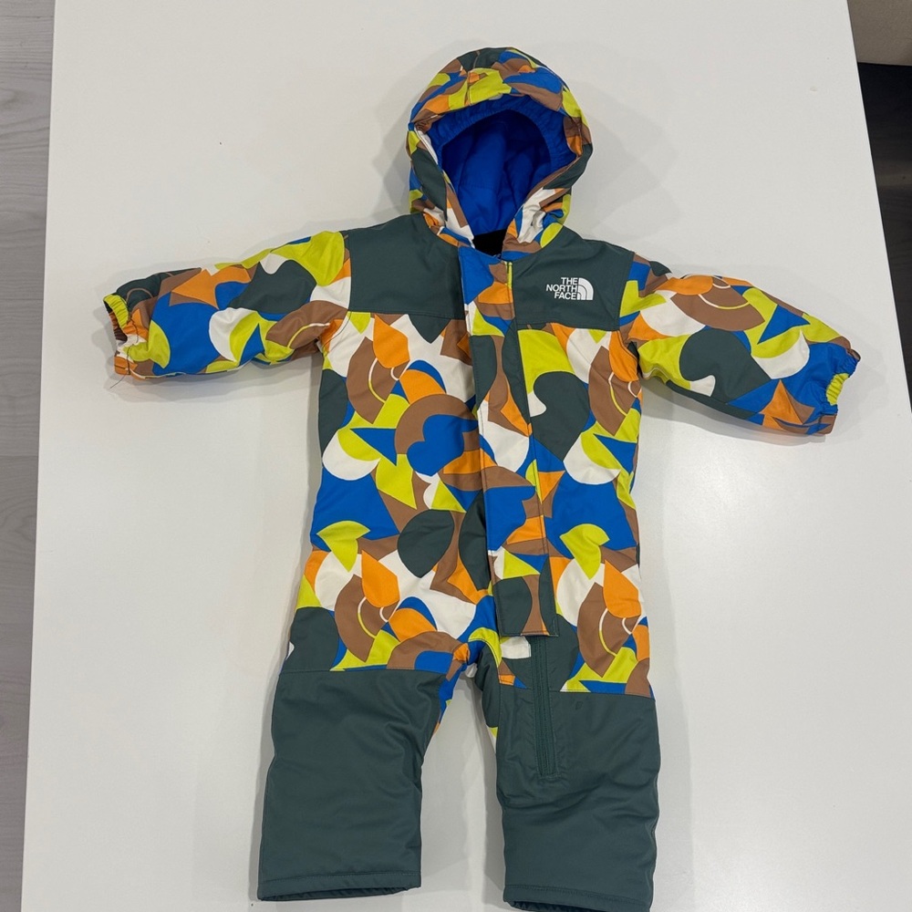 The North Face Toddler Hooded Printed Snowsuit in Blue, Orange, Green, Brown